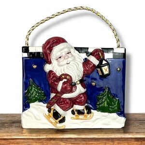 Vintage Ceramic Gift Bag Decorative Skating Santa Blue Christmas Holiday Theme